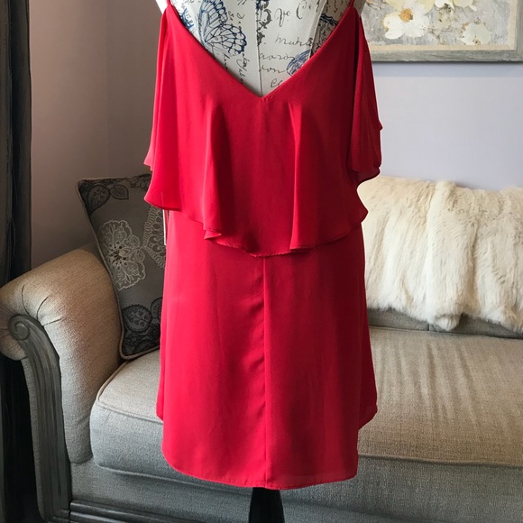 NWT Red Chiffon cold shoulder red dress - Picture 3 of 7